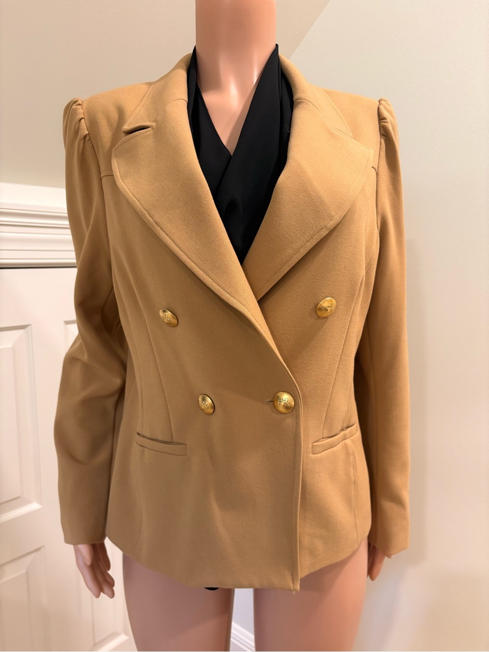 DREW Double-Breasted Camel Blazer with Gold Buttons